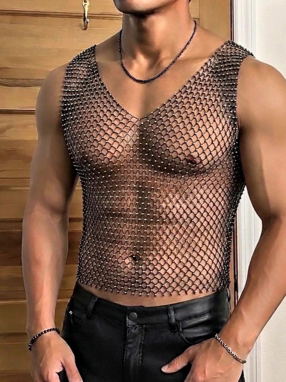 Men’s Black fishnet crop top with silver studs in a diamond pattern | one size